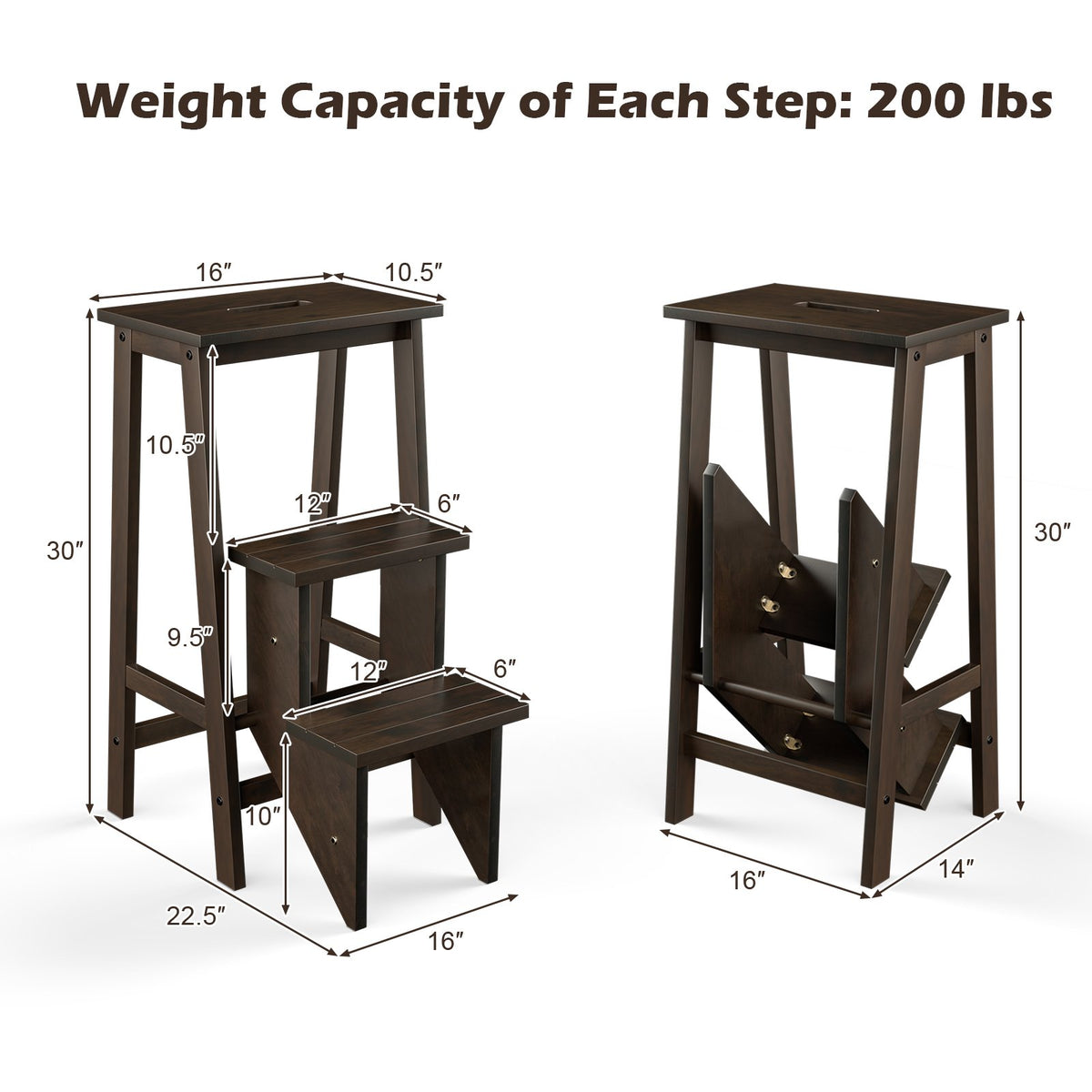 3-in-1 Rubber Wood 3 Tier Folding Step Stool Ladder Storage Shelf-Dark Brown view 4