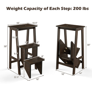 3-in-1 Rubber Wood 3 Tier Folding Step Stool Ladder Storage Shelf-Dark Brown view 4
