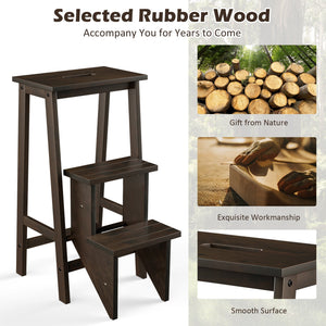 3-in-1 Rubber Wood 3 Tier Folding Step Stool Ladder Storage Shelf-Dark Brown view 7