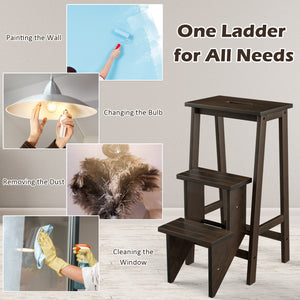 3-in-1 Rubber Wood 3 Tier Folding Step Stool Ladder Storage Shelf-Dark Brown view 8