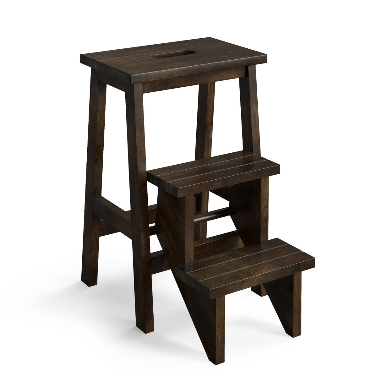 3-in-1 Rubber Wood Step Stool with Convenient Handle-Brown