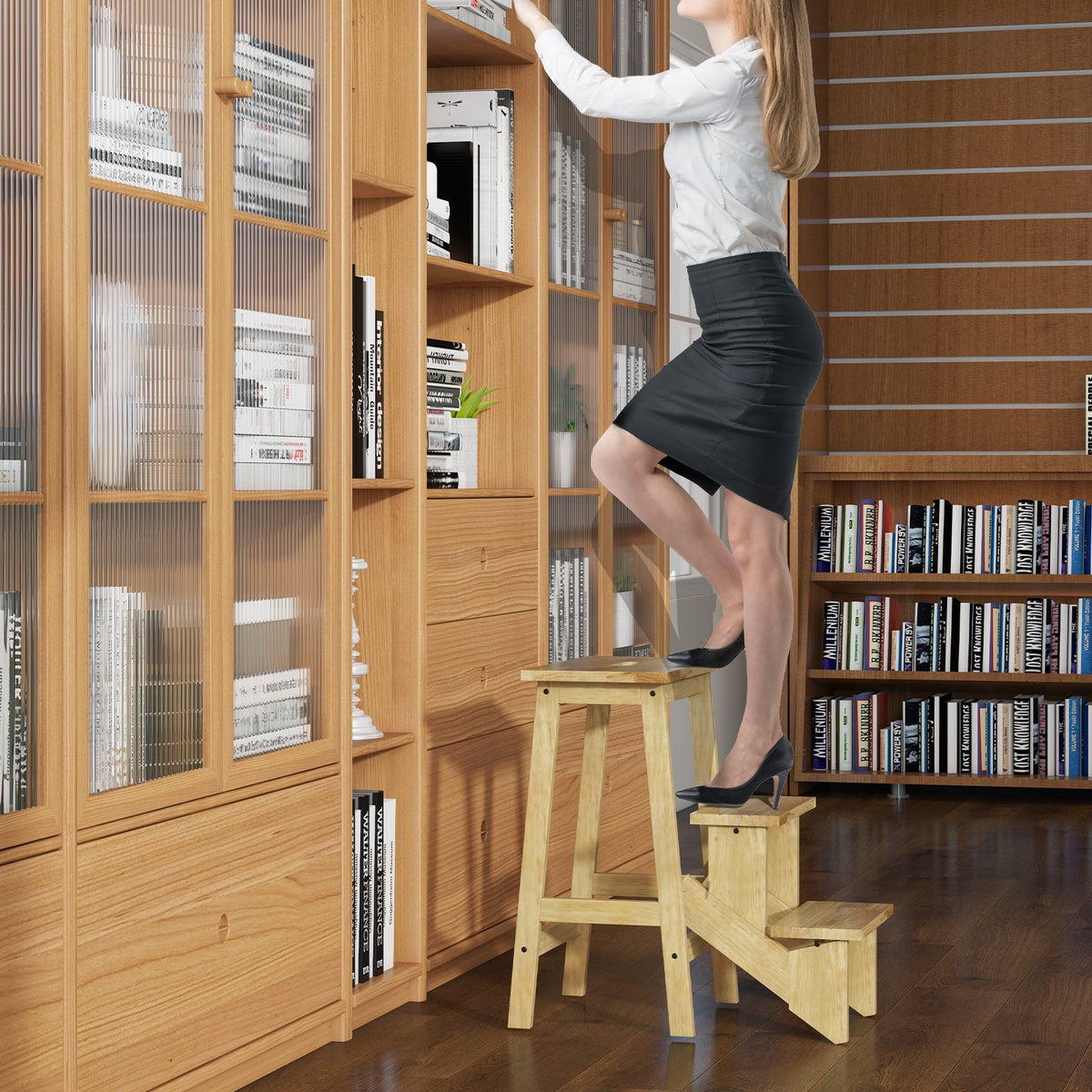 3-in-1 Rubber Wood Step Stool with Convenient Handle-Natural view 6
