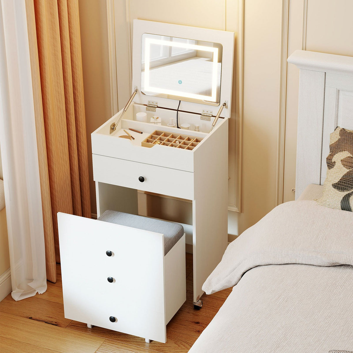 3-in-1 Small Vanity Desk Set with Flip-top Mirror and Lights with Drawers and Stool-White view 2
