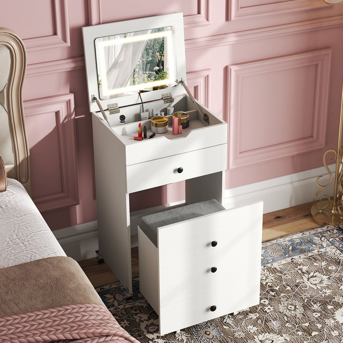 3-in-1 Small Vanity Desk Set with Flip-top Mirror and Lights with Drawers and Stool-White view 3