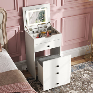3-in-1 Small Vanity Desk Set with Flip-top Mirror and Lights with Drawers and Stool-White view 3