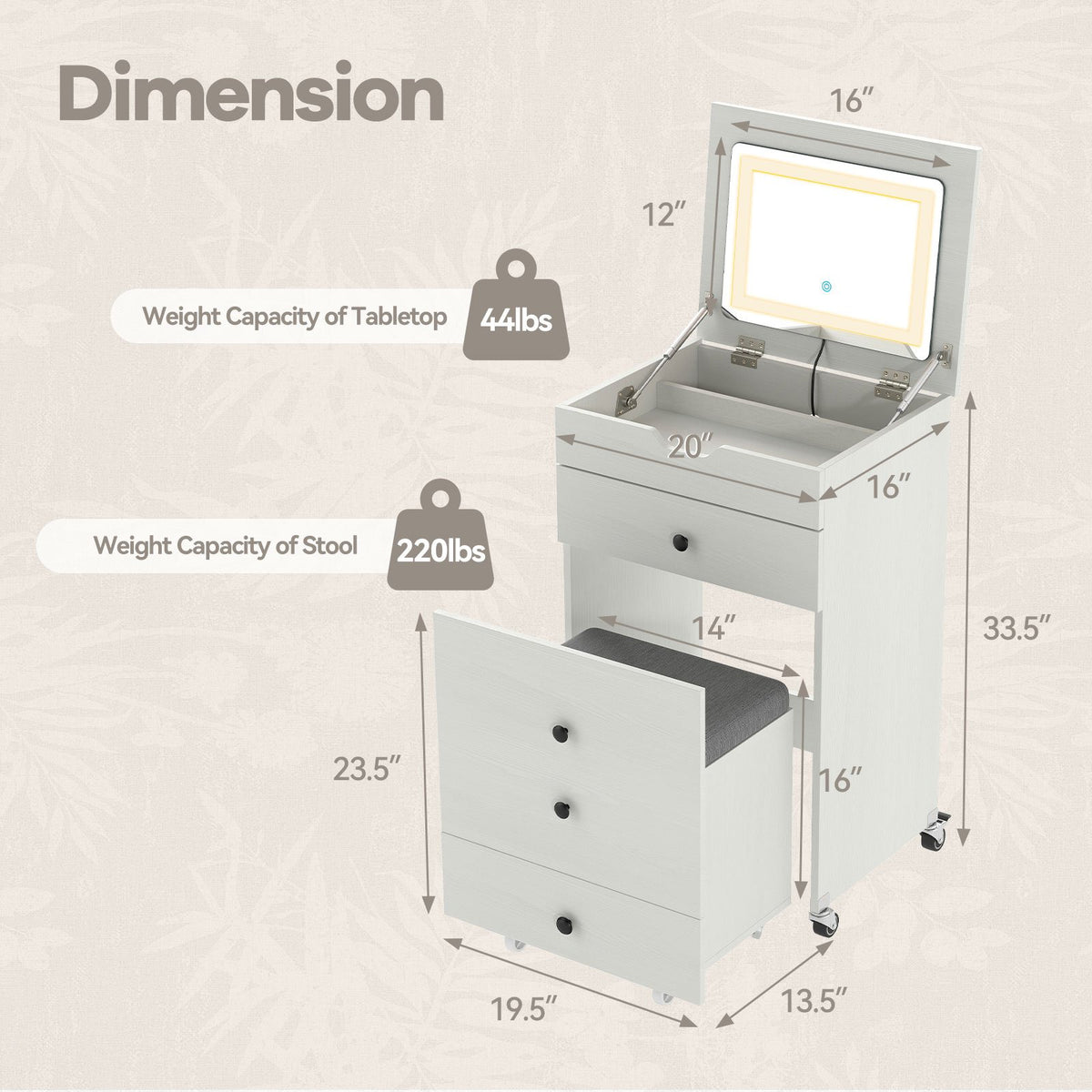 3-in-1 Small Vanity Desk Set with Flip-top Mirror and Lights with Drawers and Stool-White view 4