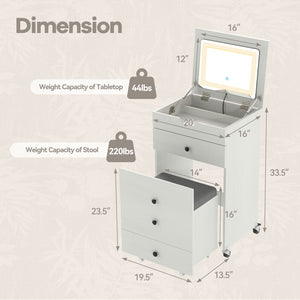 3-in-1 Small Vanity Desk Set with Flip-top Mirror and Lights with Drawers and Stool-White view 4