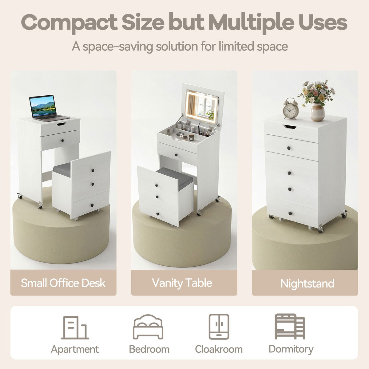3-in-1 Small Vanity Desk Set with Flip-top Mirror and Lights with Drawers and Stool-White view 7