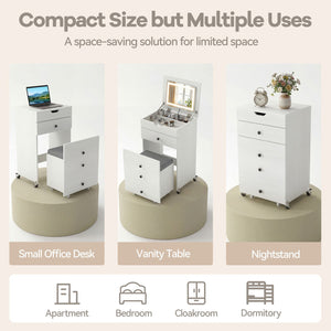 3-in-1 Small Vanity Desk Set with Flip-top Mirror and Lights with Drawers and Stool-White view 7