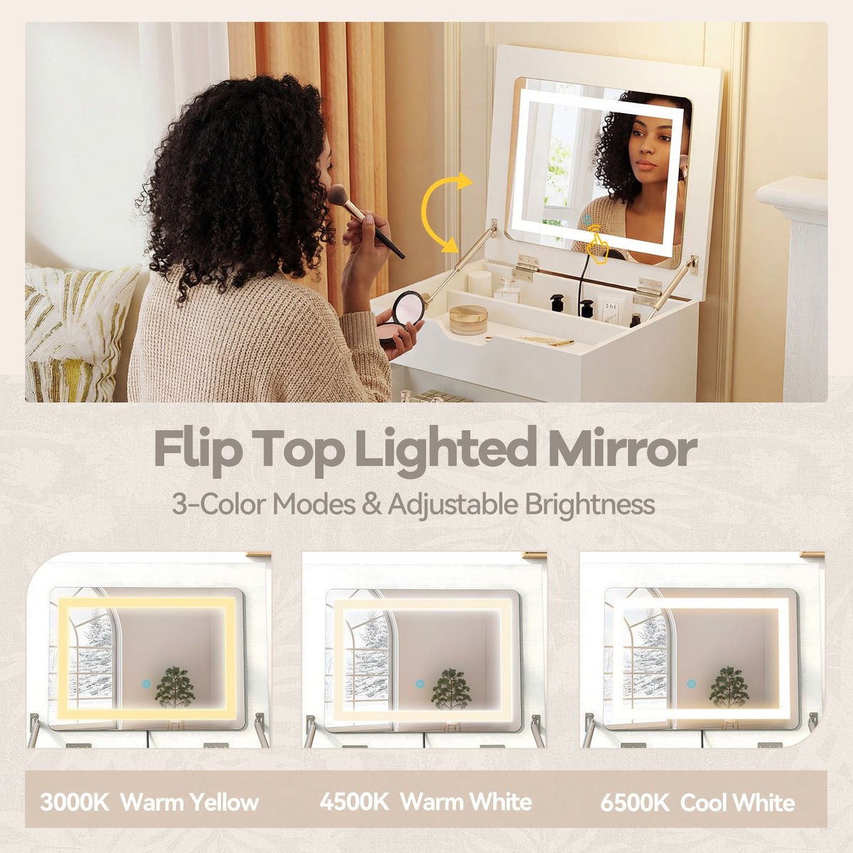 3-in-1 Small Vanity Desk Set with Flip-top Mirror and Lights with Drawers and Stool-White view 8