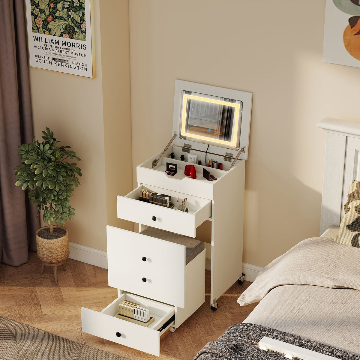 3-in-1 Small Vanity Desk Set with Flip-top Mirror and Lights with Drawers and Stool-White view 9