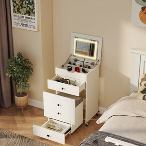 3-in-1 Small Vanity Desk Set with Flip-top Mirror and Lights with Drawers and Stool-White view 9