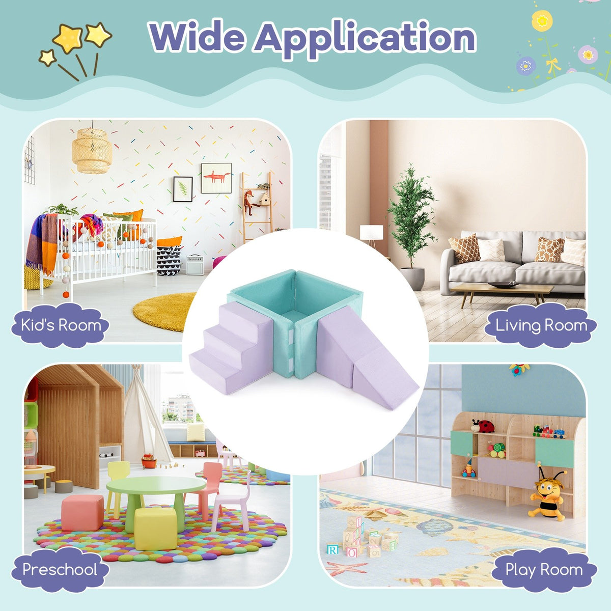 3-in-1 Suede Fabric Soft Play Set Foam Climbing Blocks for Toddlers-Purple view 9