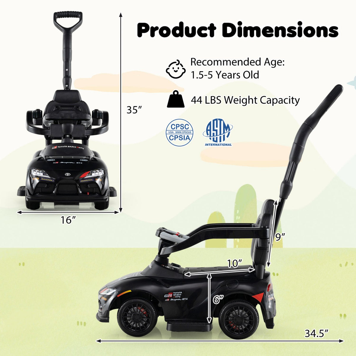 3-in-1 Toyota Licensed Foot-to-Floor Stroller Sliding Walking Toy-Black view 3