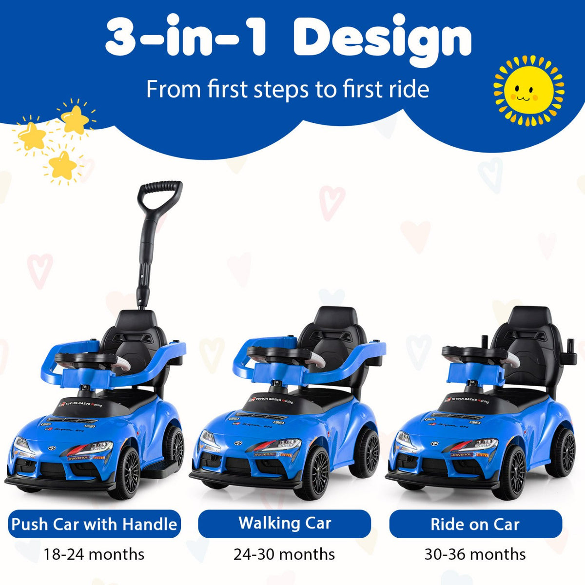 3-in-1 Toyota Licensed Foot-to-Floor Stroller Sliding Walking Toy-Blue view 4