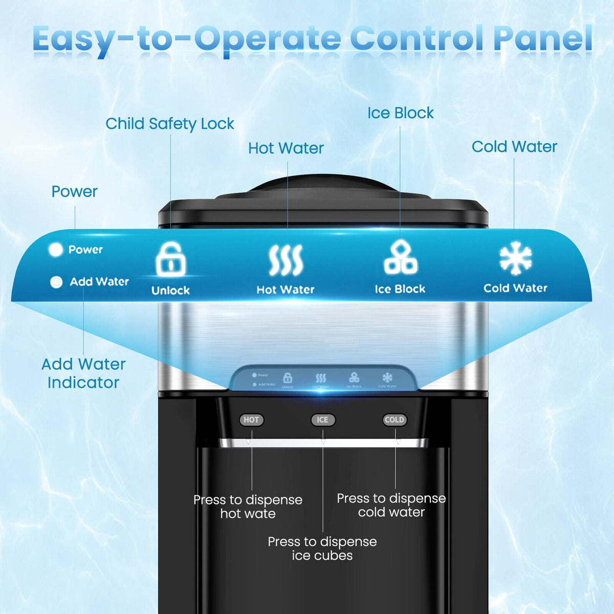 3-in-1 Water Cooler Dispenser with Built-in Ice Maker and 3 Temperature Settings-Silver view 7