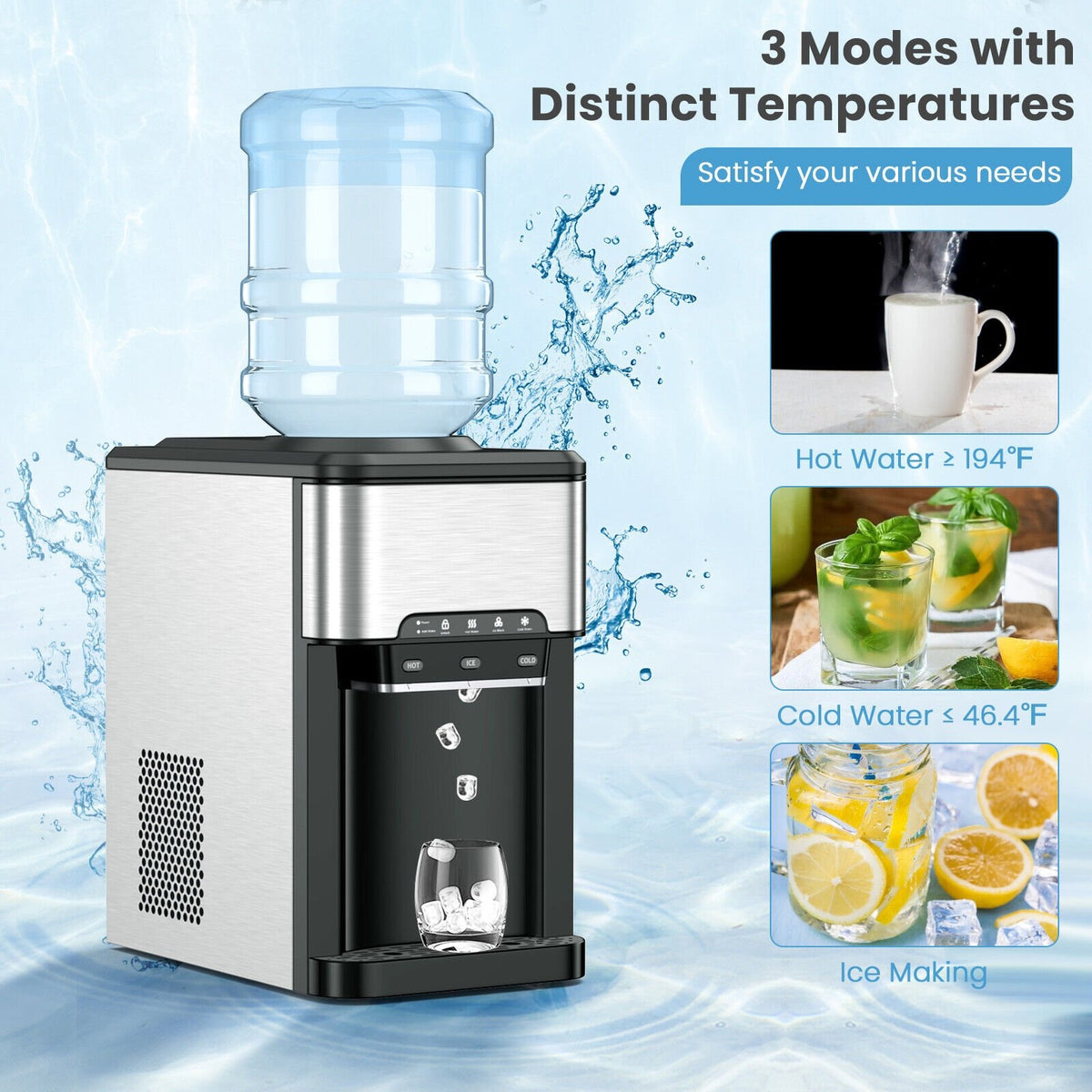 3-in-1 Water Cooler Dispenser with Built-in Ice Maker and 3 Temperature Settings-Silver view 8