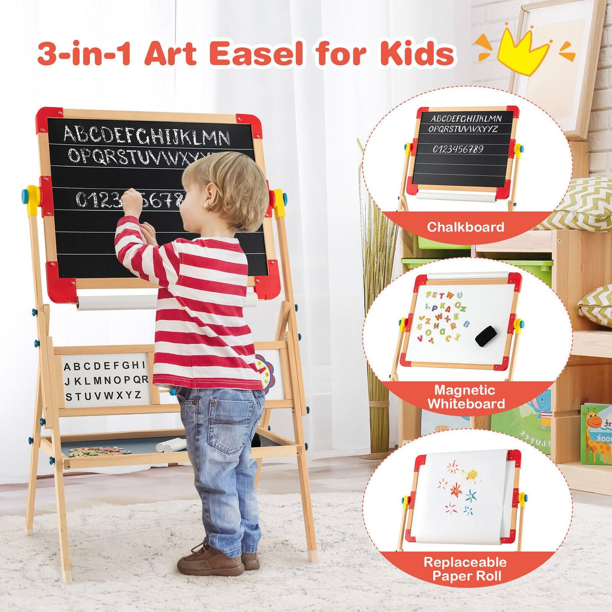 3-in-1 Wooden Art Easel for Kids with Drawing Paper Roll view 3