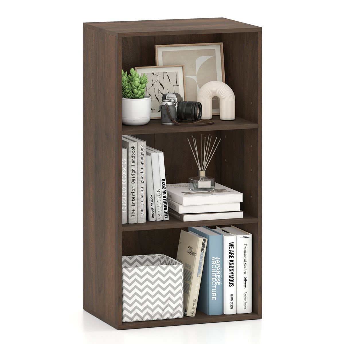 3 Open Shelf Bookcase Modern Storage Display Cabinet-Walnut
