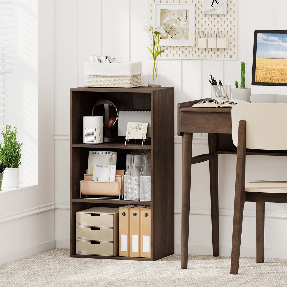 3 Open Shelf Bookcase Modern Storage Display Cabinet-Walnut view 2