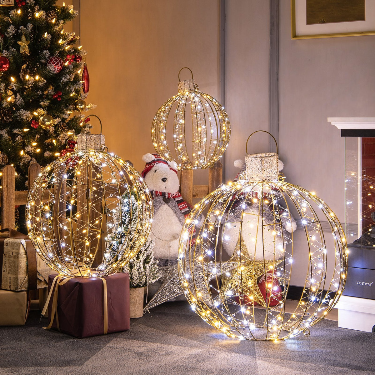 3 Pack Christmas LED Light Balls with Cable Ties and 6 Stakes-Golden view 2