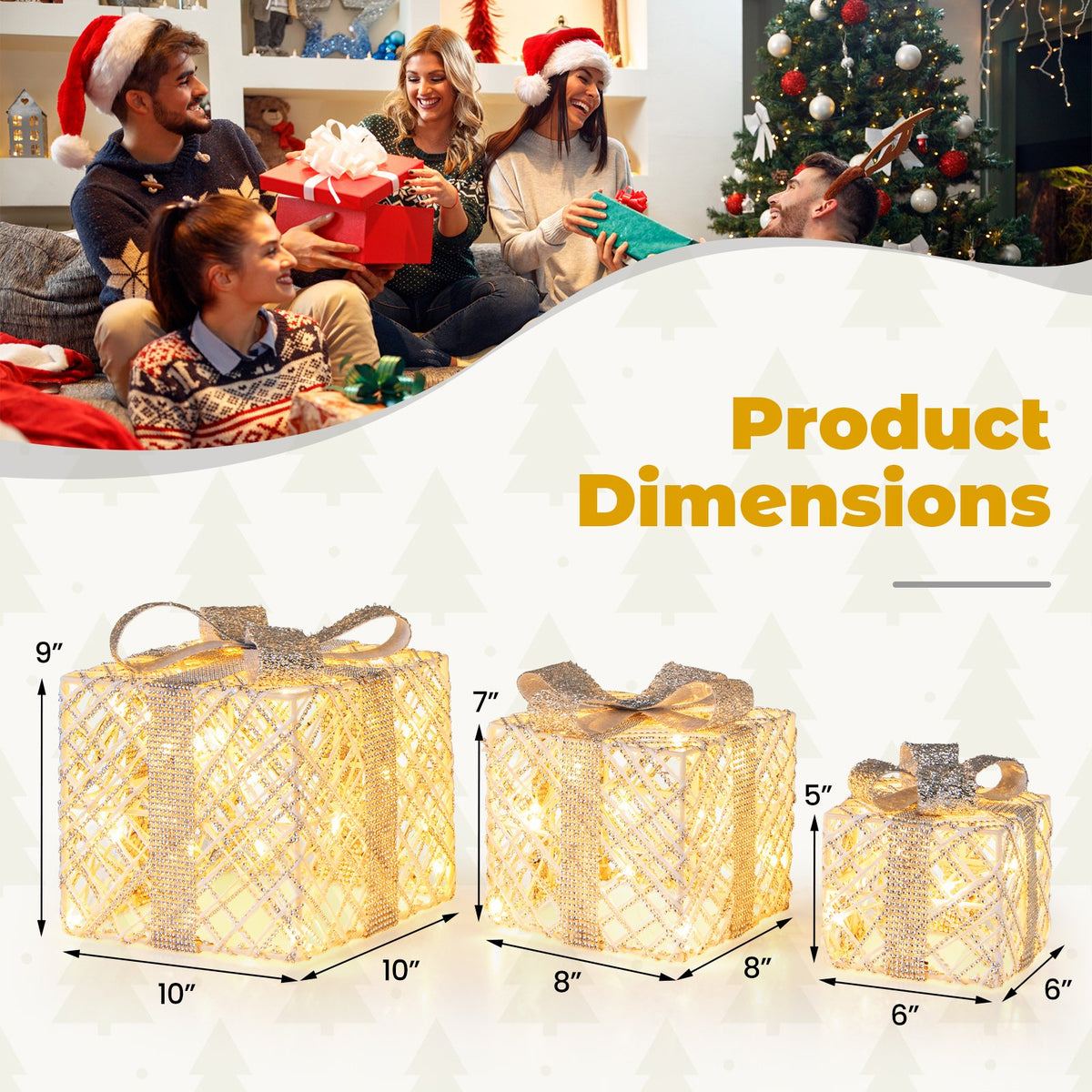 3 Pack Christmas Lighted Gift Box with 50 LED Lights and Detachable Bows view 4