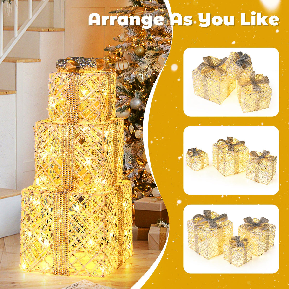 3 Pack Christmas Lighted Gift Box with 50 LED Lights and Detachable Bows view 8
