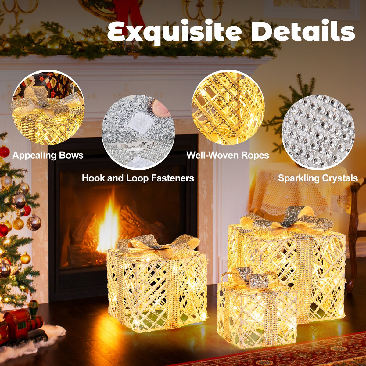 3 Pack Christmas Lighted Gift Box with 50 LED Lights and Detachable Bows view 9