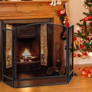 3-Panel Foldable Fireplace Screen with Wrought Metal Mesh-Black view 3