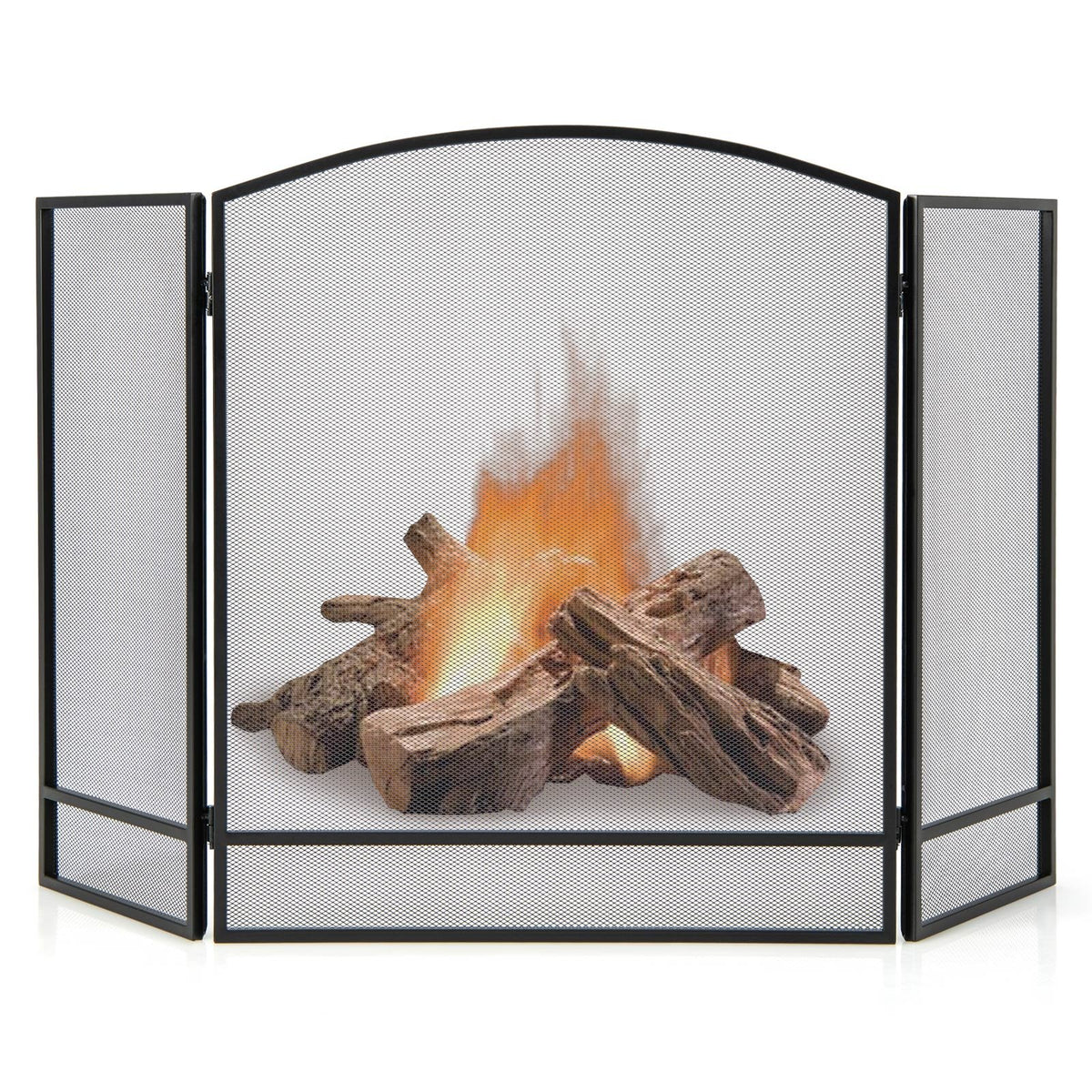 3-Panel Foldable Fireplace Screen with Wrought Metal Mesh-Black view 4