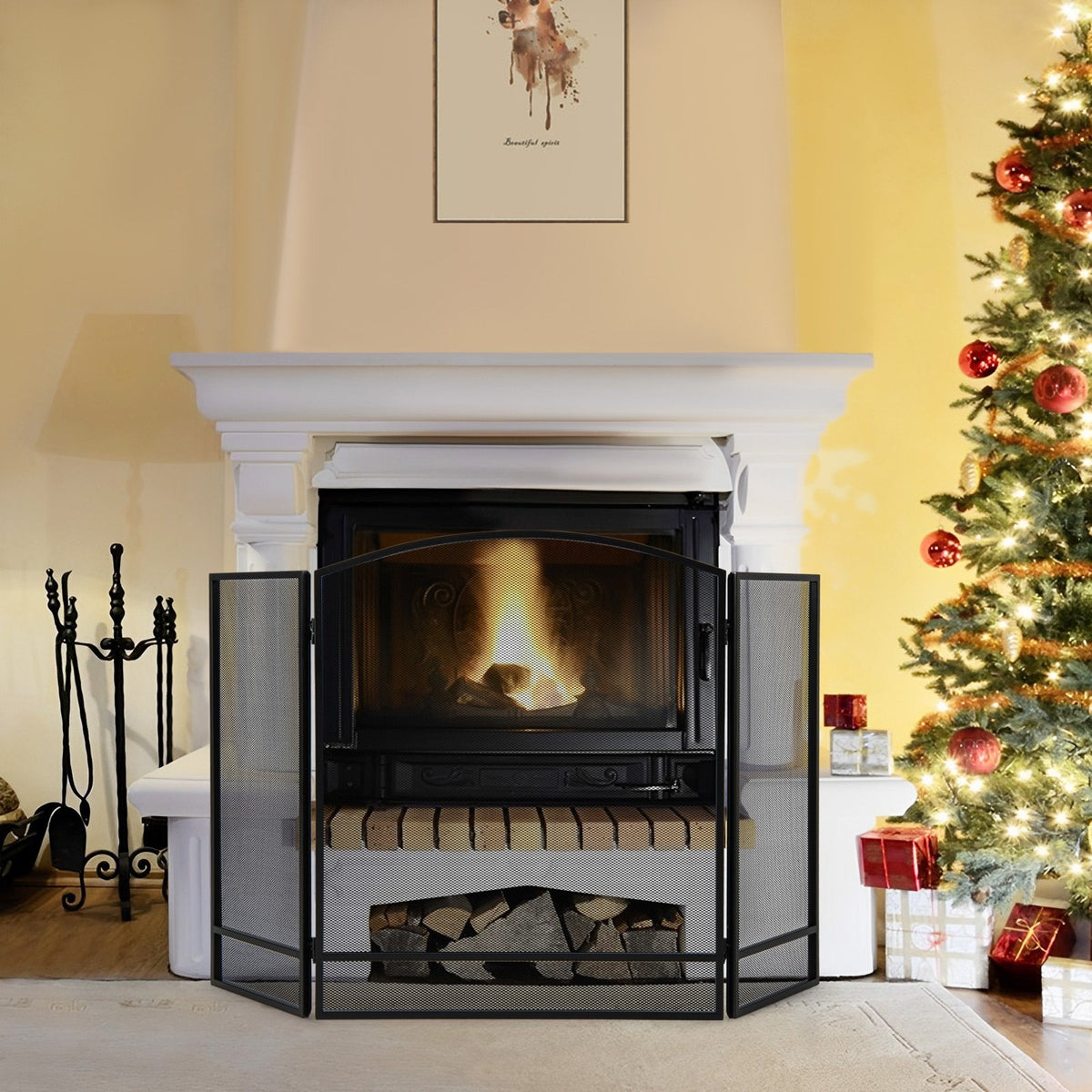3-Panel Foldable Fireplace Screen with Wrought Metal Mesh-Black view 6