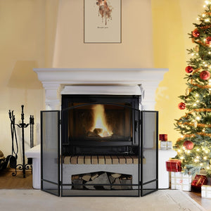 3-Panel Foldable Fireplace Screen with Wrought Metal Mesh-Black view 6