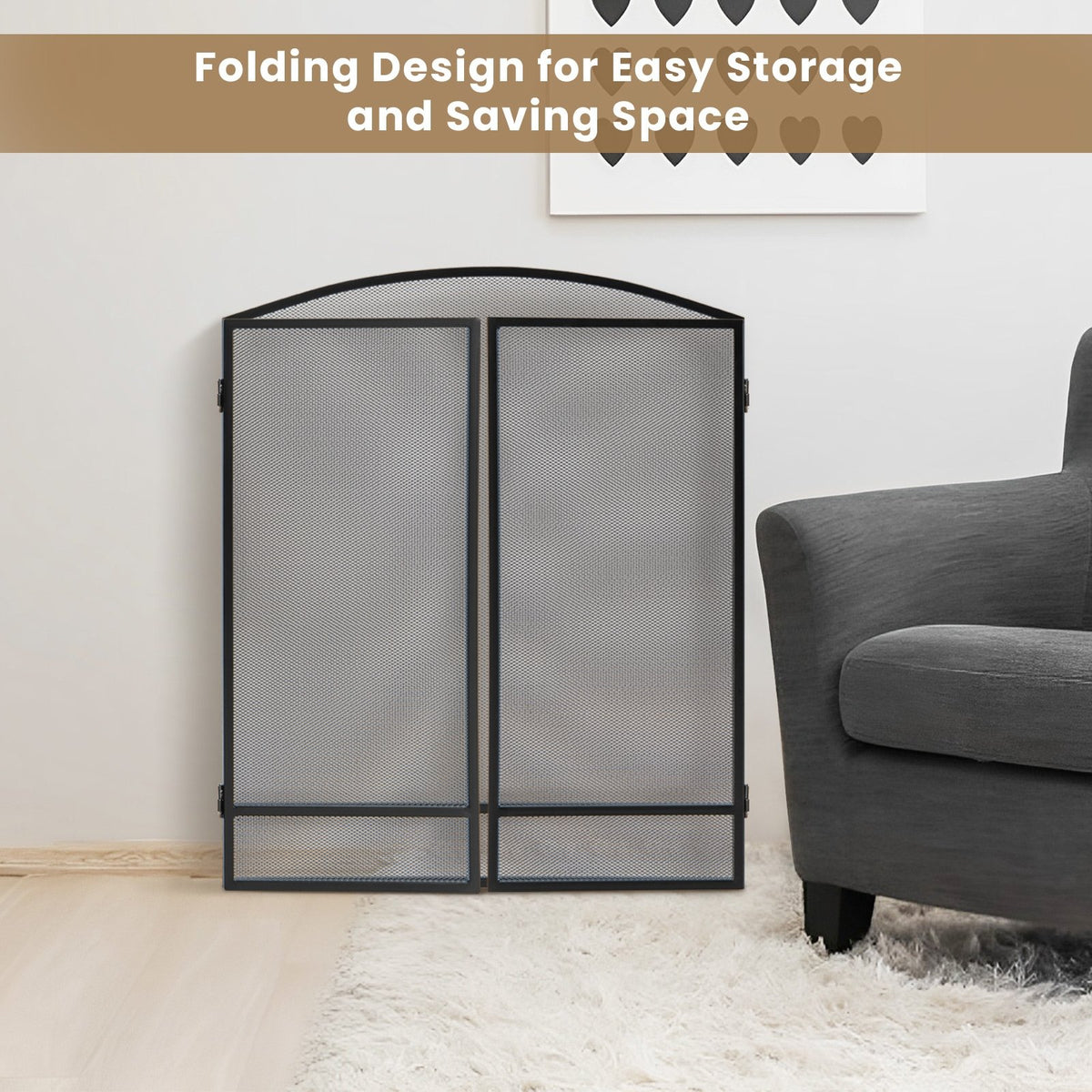 3-Panel Foldable Fireplace Screen with Wrought Metal Mesh-Black view 9