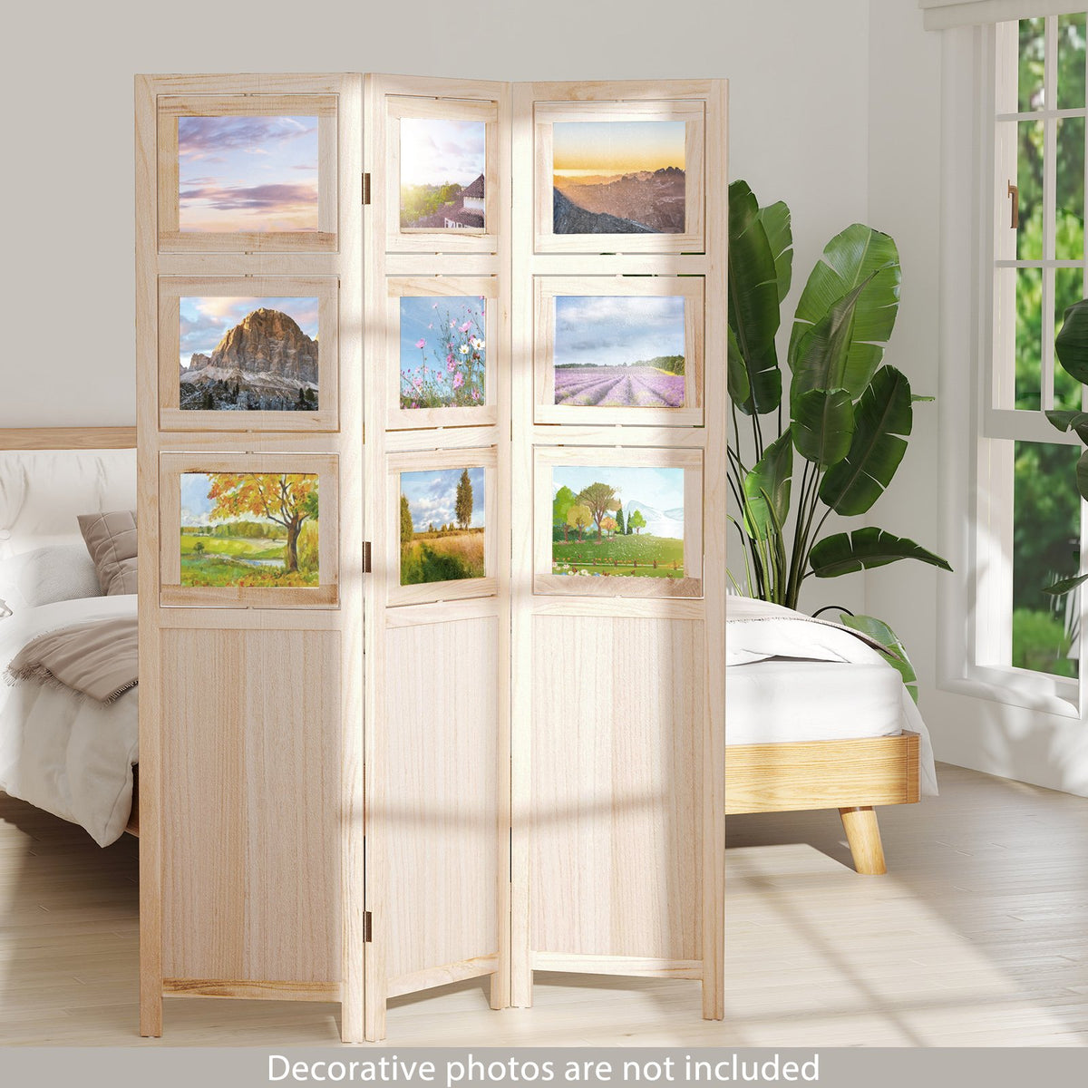 3 Panel Folding Privacy Screen with 9 Swivel Paulownia Wood Photo Frames-Natural view 3
