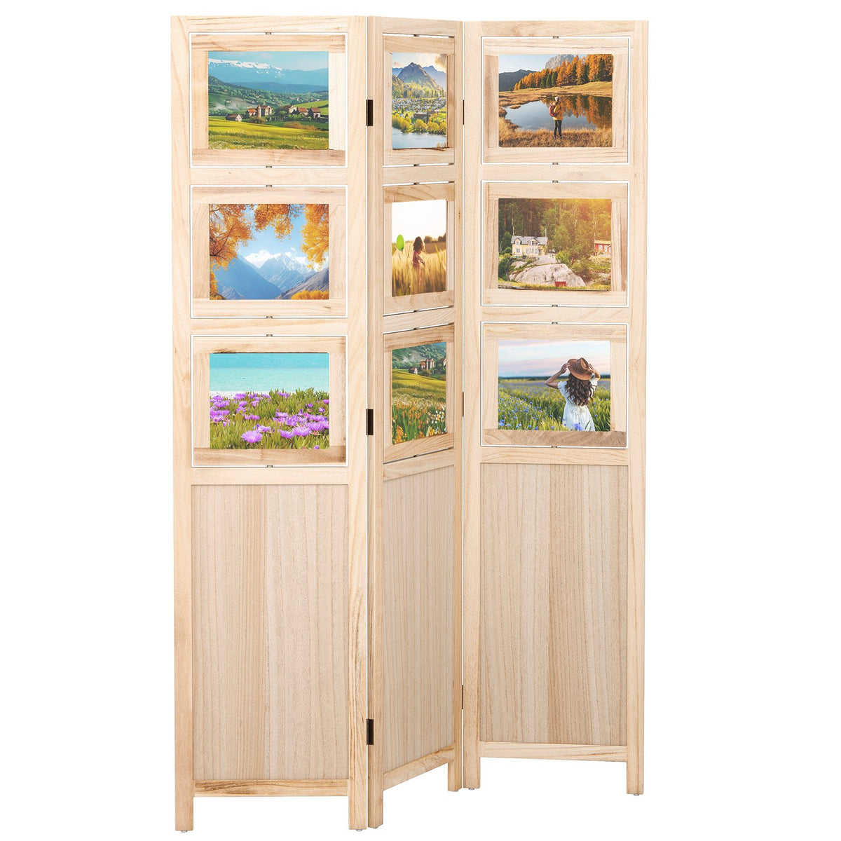 3 Panel Folding Privacy Screen with 9 Swivel Paulownia Wood Photo Frames-Natural view 4