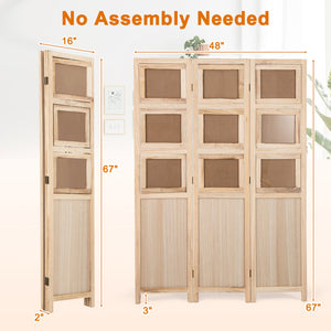 3 Panel Folding Privacy Screen with 9 Swivel Paulownia Wood Photo Frames-Natural view 5