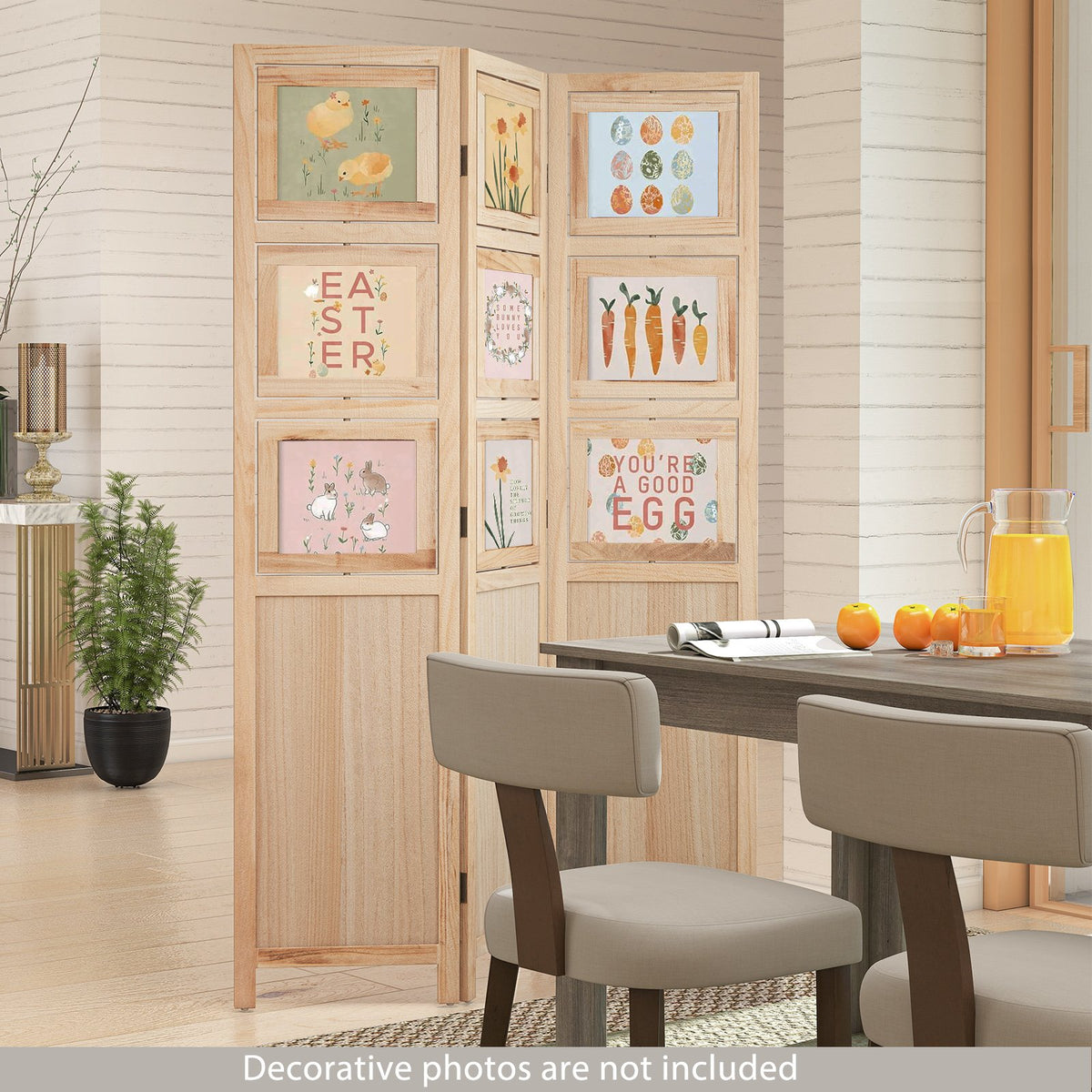 3 Panel Folding Privacy Screen with 9 Swivel Paulownia Wood Photo Frames-Natural view 6