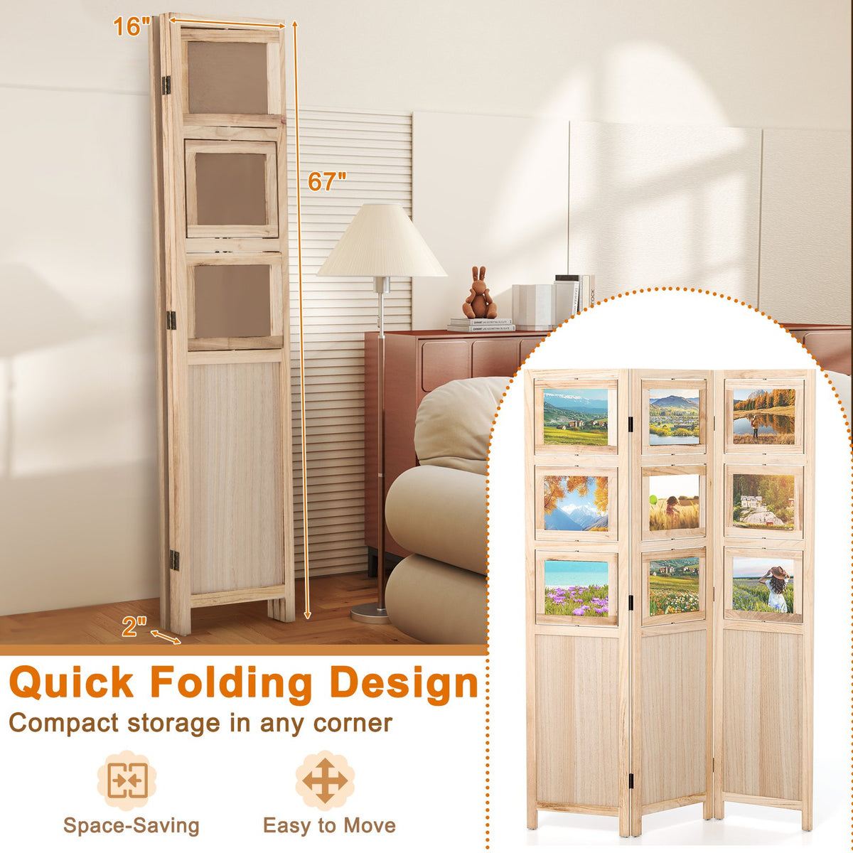 3 Panel Folding Privacy Screen with 9 Swivel Paulownia Wood Photo Frames-Natural view 8