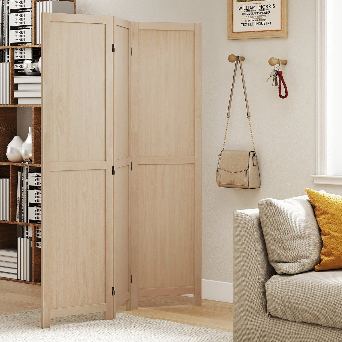 3 Panel Folding Room Divider for Home Office Bedroom Restaurant-Beige view 2