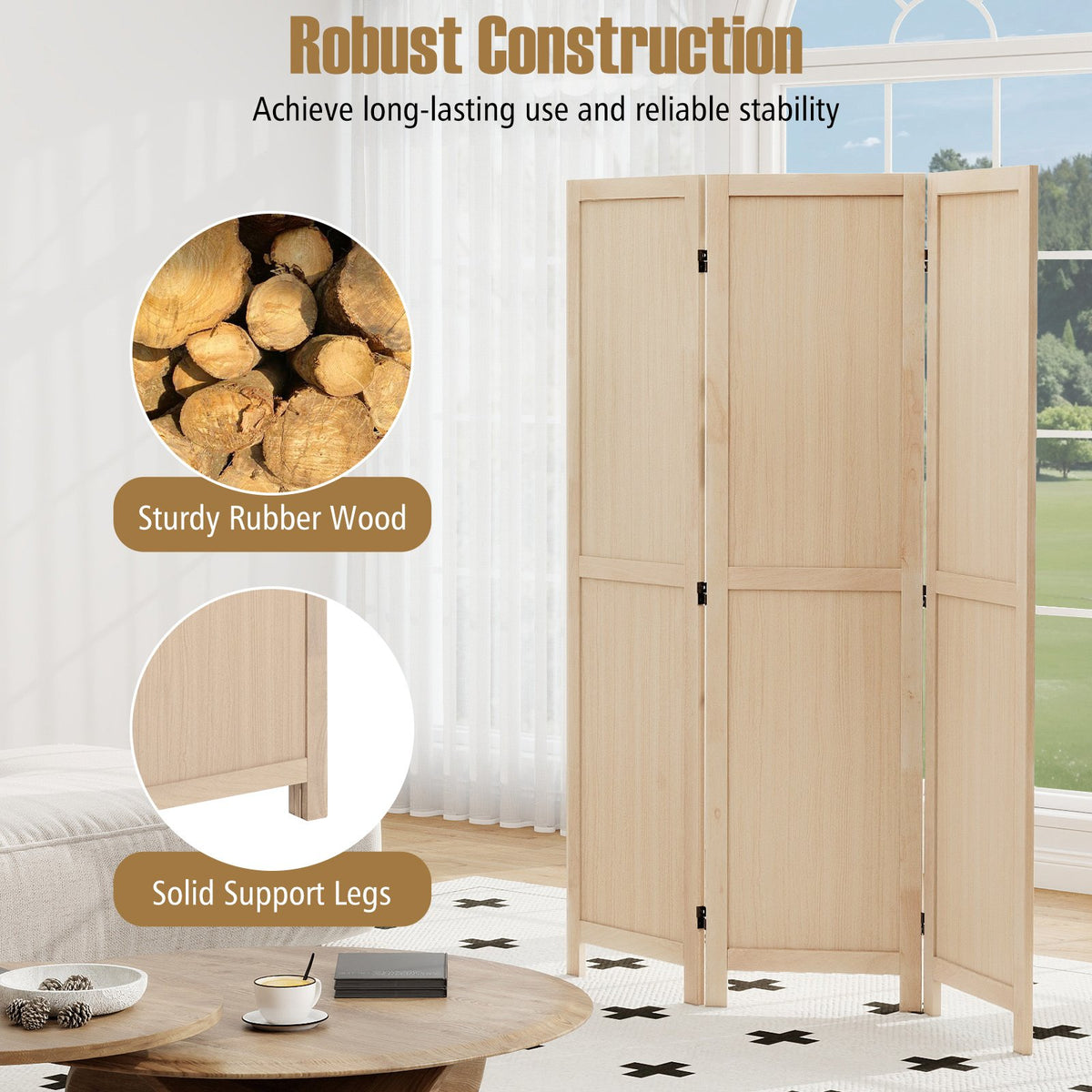 3 Panel Folding Room Divider for Home Office Bedroom Restaurant-Beige view 6