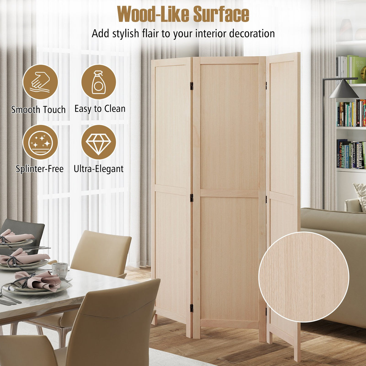 3 Panel Folding Room Divider for Home Office Bedroom Restaurant-Beige view 7