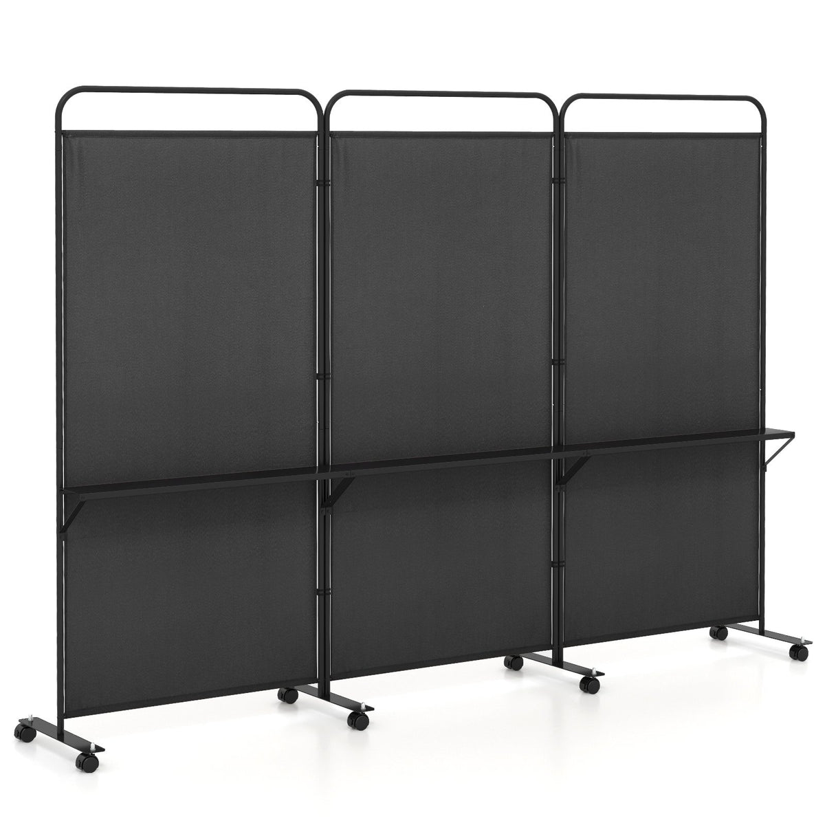 3-Panel Folding Room Divider with 3 Metal Shelves and Lockable Wheels-Black view 4
