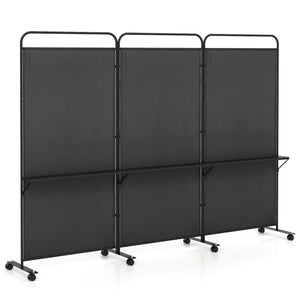 3-Panel Folding Room Divider with 3 Metal Shelves and Lockable Wheels-Black view 4