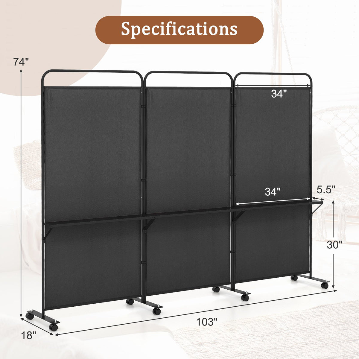 3-Panel Folding Room Divider with 3 Metal Shelves and Lockable Wheels-Black view 5