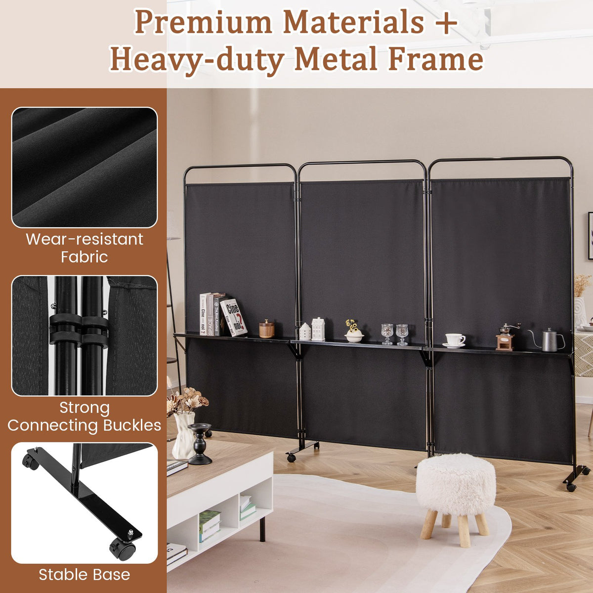 3-Panel Folding Room Divider with 3 Metal Shelves and Lockable Wheels-Black view 7