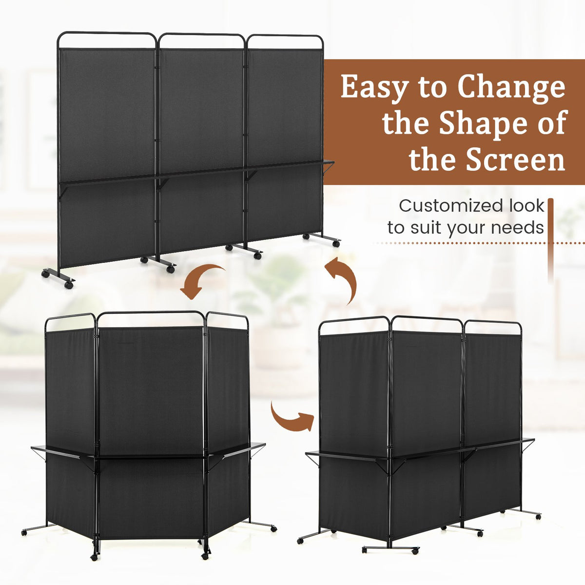 3-Panel Folding Room Divider with 3 Metal Shelves and Lockable Wheels-Black view 8