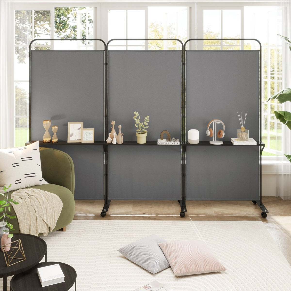 3-Panel Folding Room Divider with 3 Metal Shelves and Lockable Wheels-Gray view 2