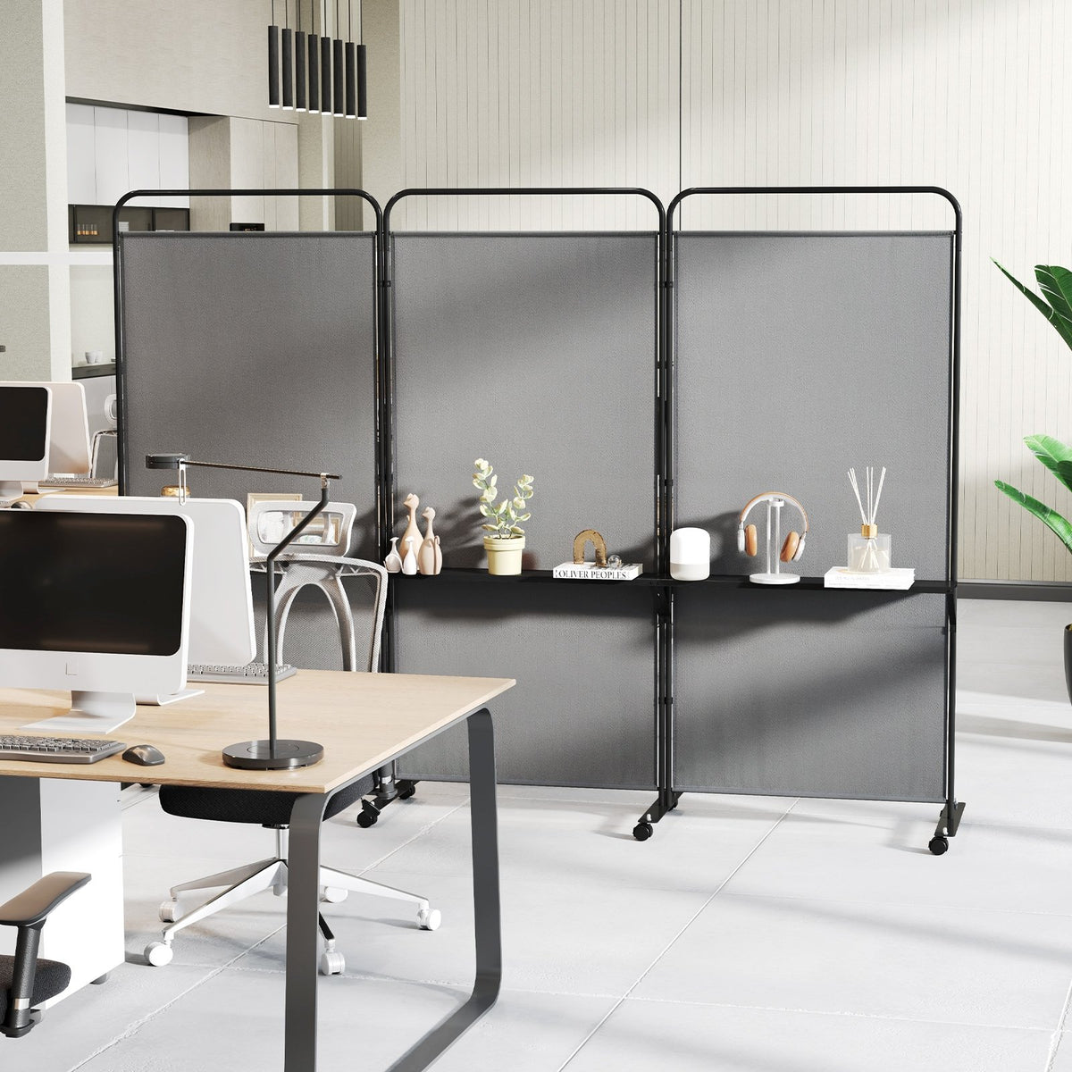 3-Panel Folding Room Divider with 3 Metal Shelves and Lockable Wheels-Gray view 3
