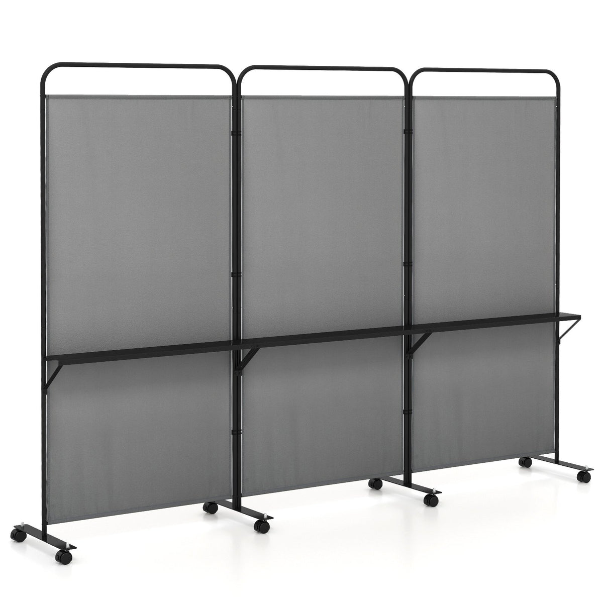 3-Panel Folding Room Divider with 3 Metal Shelves and Lockable Wheels-Gray view 4