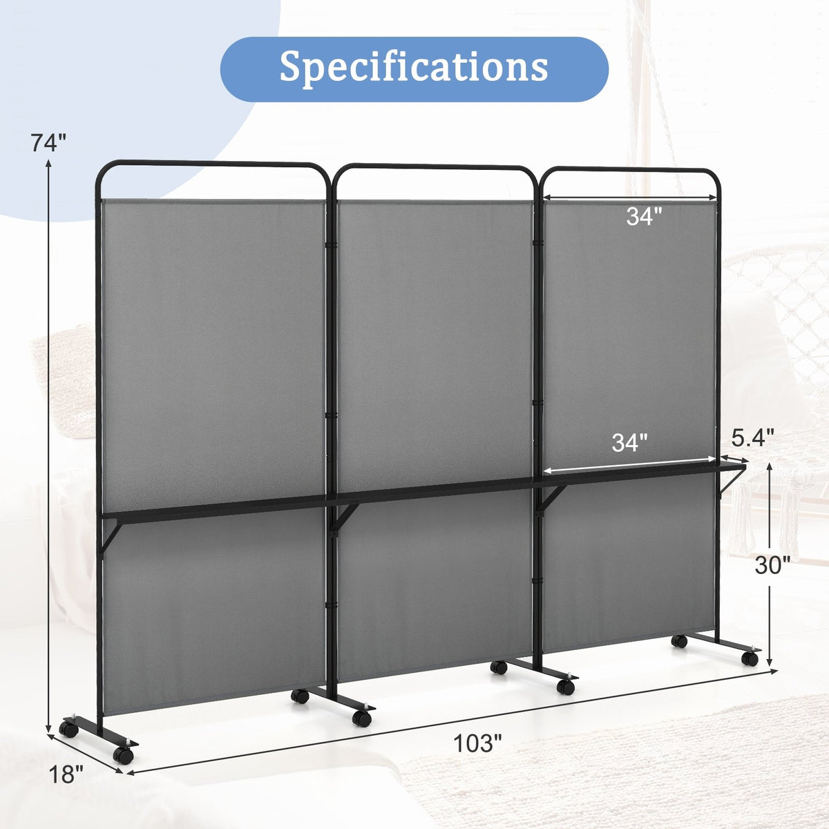 3-Panel Folding Room Divider with 3 Metal Shelves and Lockable Wheels-Gray view 5